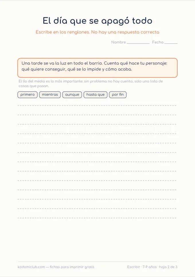 Escribir un cuento en tres partes, hoja 2