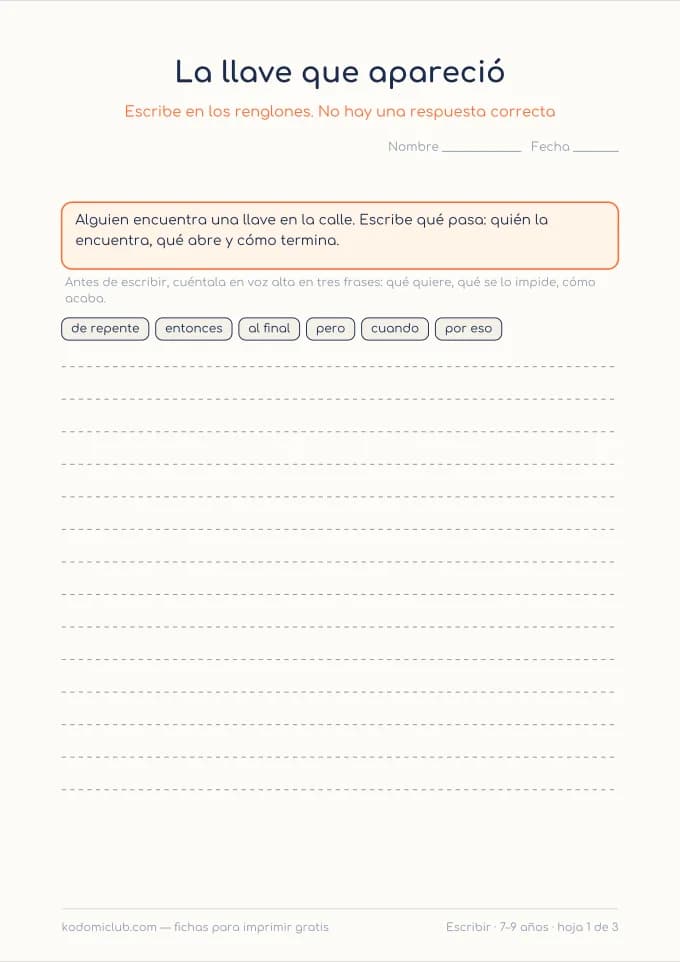 Escribir una historia. Ficha para imprimir, 7–9 años