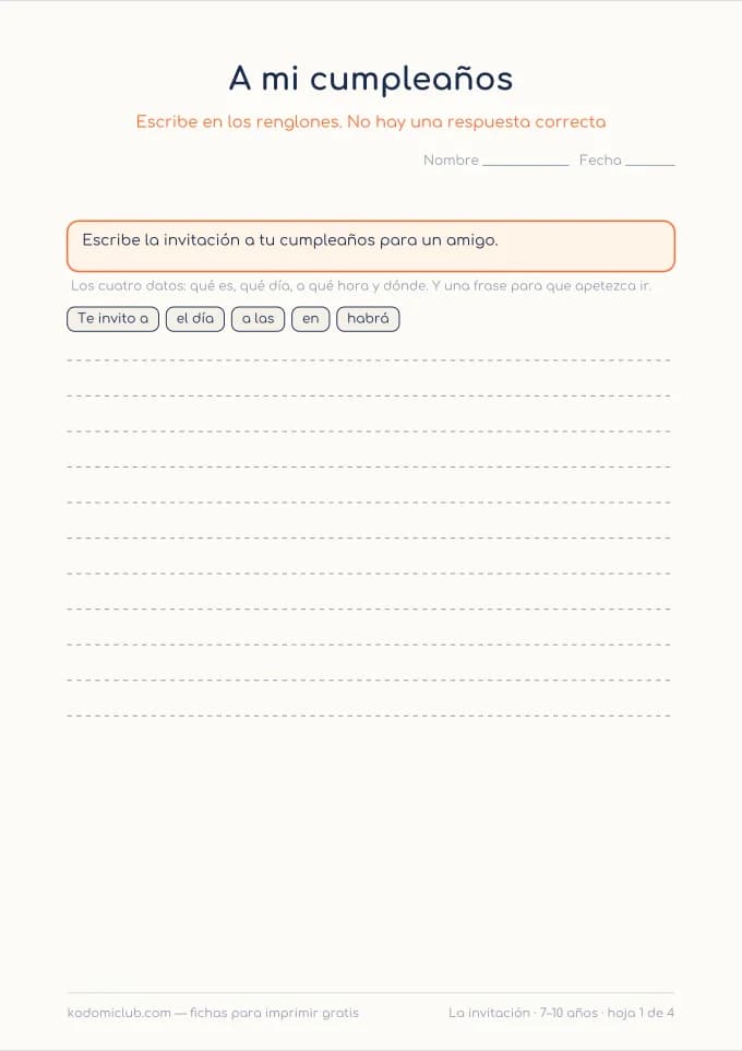 Escribir una invitación. Ficha para imprimir, 7–10 años