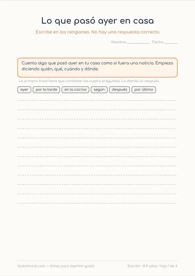 Escribir una noticia. Ficha para imprimir, 8–9 años