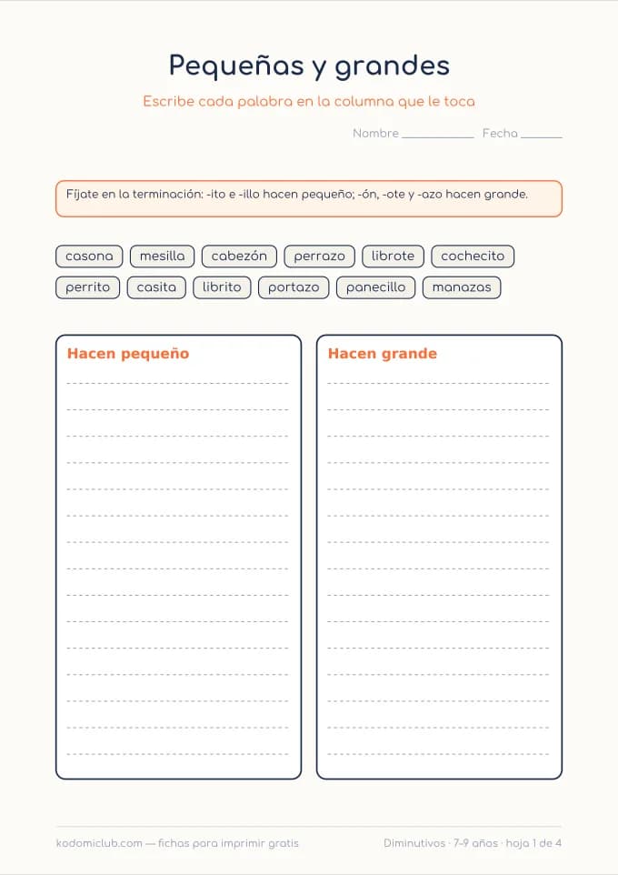 Palabras grandes y palabras pequeñas. Ficha para imprimir, 7–9 años