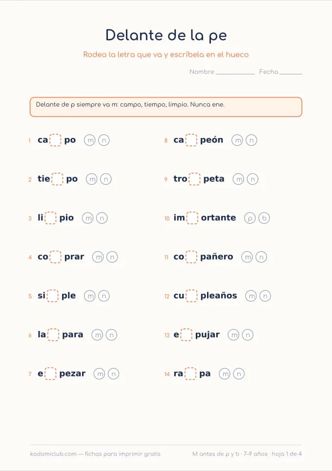 La eme antes de pe y be. Ficha para imprimir, 7–9 años