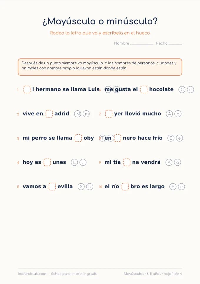 La mayúscula y el punto. Ficha para imprimir, 6–8 años