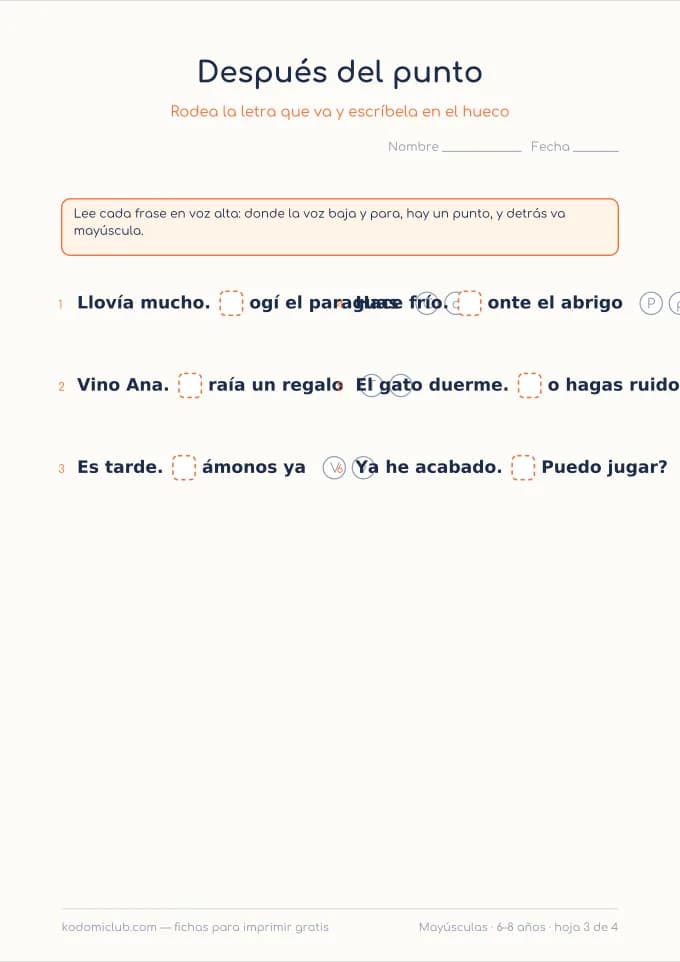 La mayúscula y el punto, hoja 3
