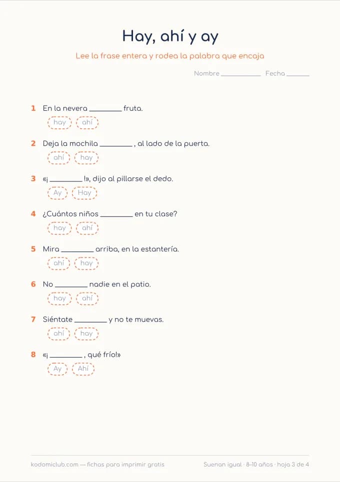 Las palabras homófonas, hoja 3
