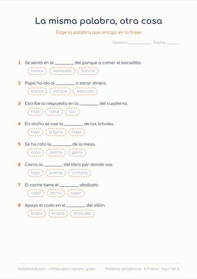 Una palabra, varios significados. Ficha para imprimir, 8–11 años