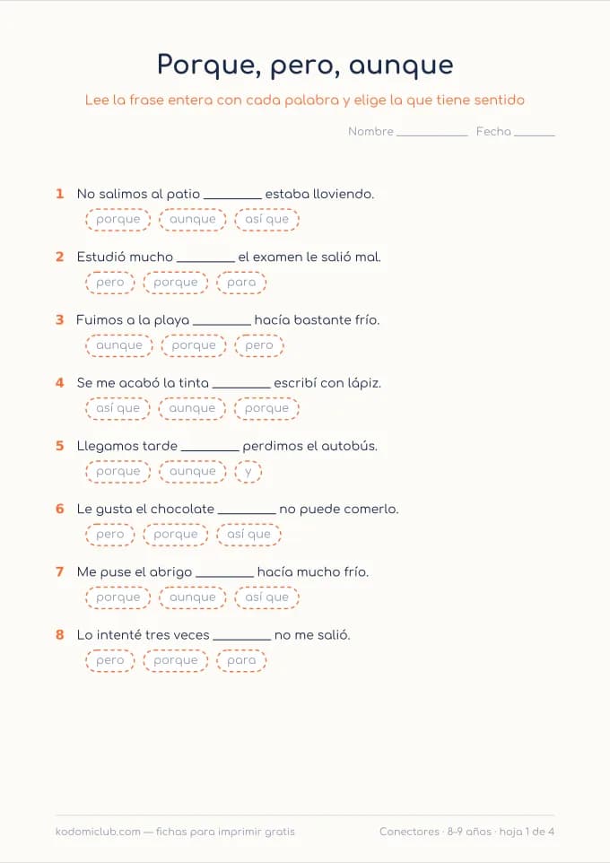 Las palabras que enlazan. Ficha para imprimir, 8–9 años