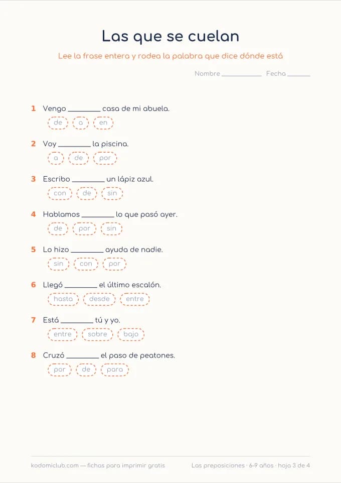 Las preposiciones, hoja 3