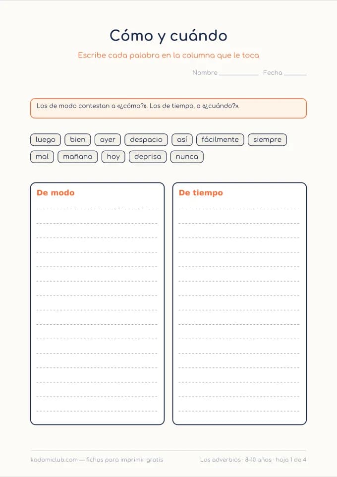 Los adverbios. Ficha para imprimir, 8–10 años