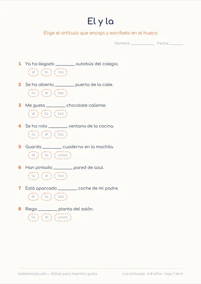 Los artículos. Ficha para imprimir, 6–8 años