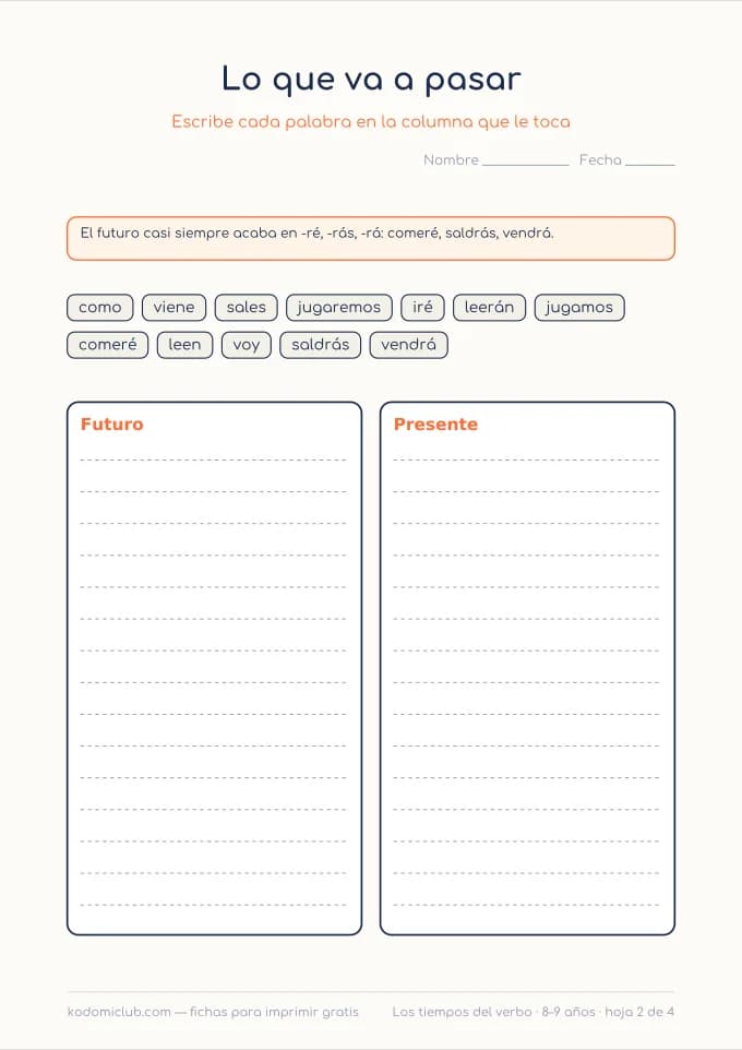 Ayer, hoy y mañana: los verbos, hoja 2