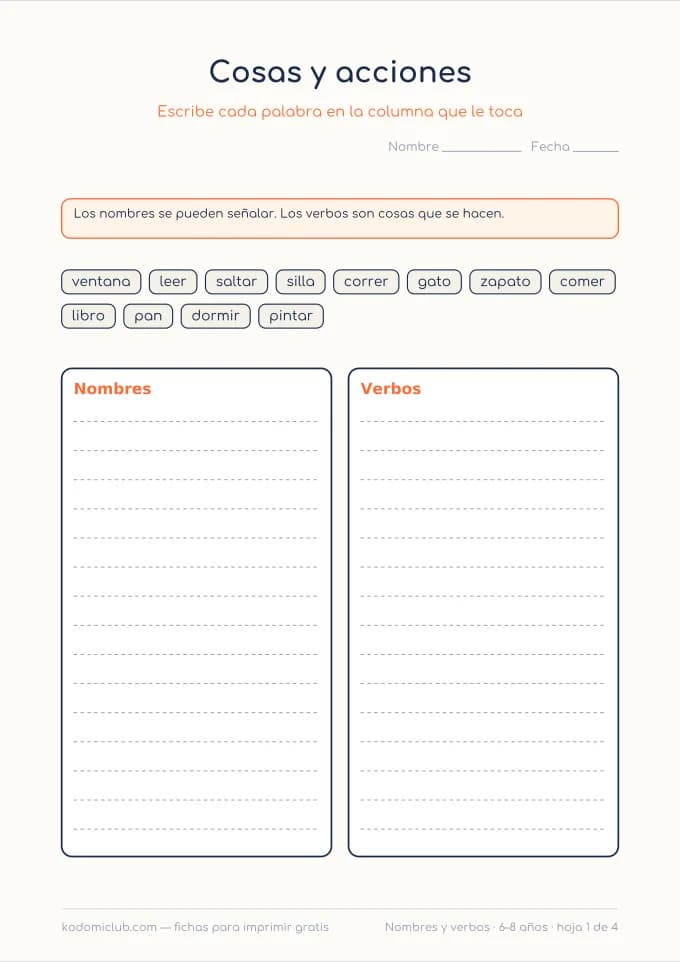 Nombres y verbos. Ficha para imprimir, 6–8 años