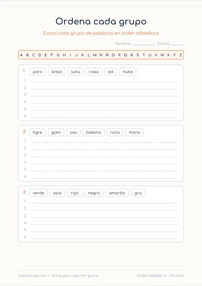 Orden alfabético. Ficha para imprimir, 7–9 años