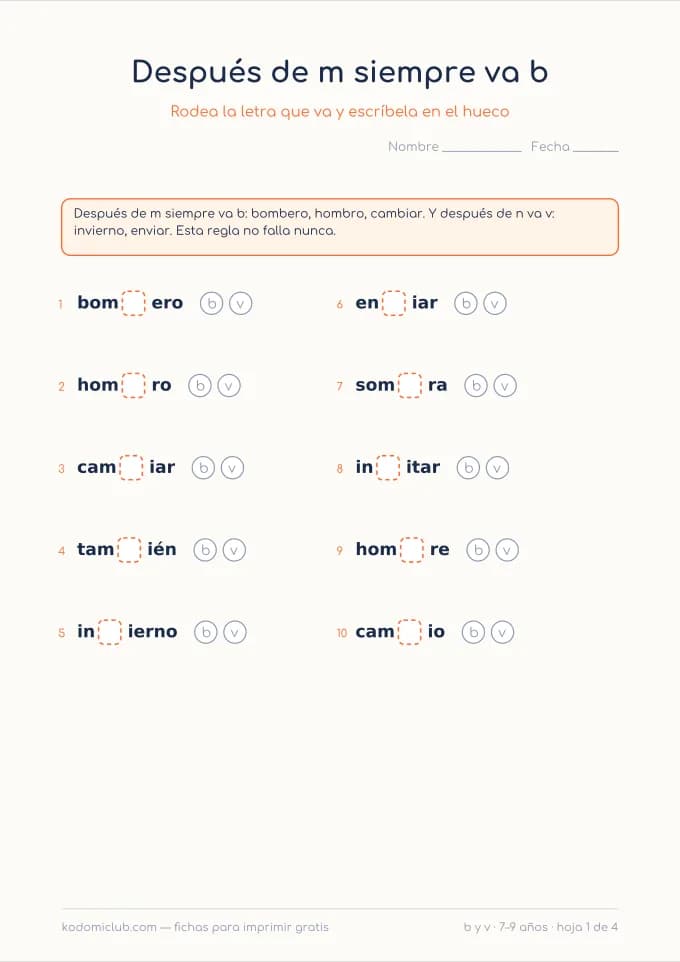 La b y la v. Ficha para imprimir, 7–9 años