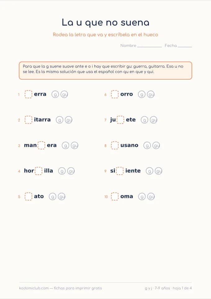 La g y la j. Ficha para imprimir, 7–9 años