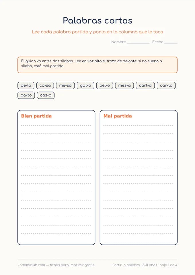 Partir la palabra al final de la línea. Ficha para imprimir, 8–11 años