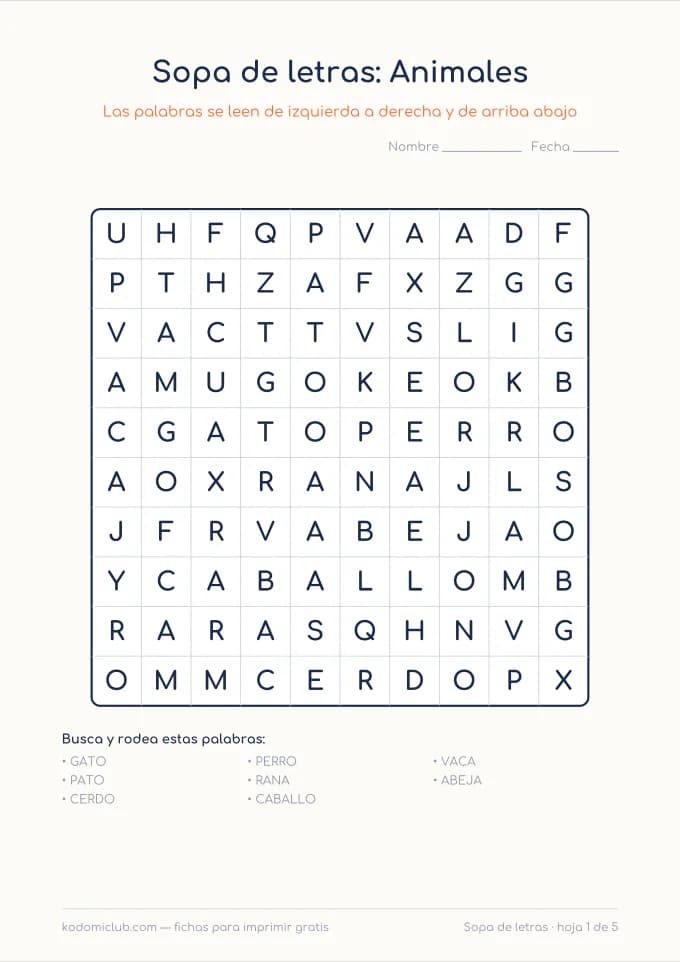 Sopa de letras. Ficha para imprimir, 5–8 años