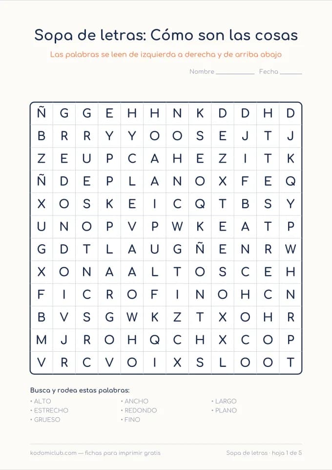Sopa de letras de adjetivos. Ficha para imprimir, 7–9 años