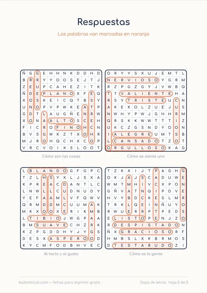 Sopa de letras de adjetivos, hoja 5