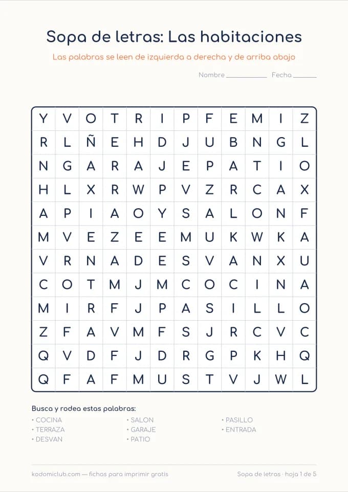 Sopa de letras de la casa. Ficha para imprimir, 6–9 años