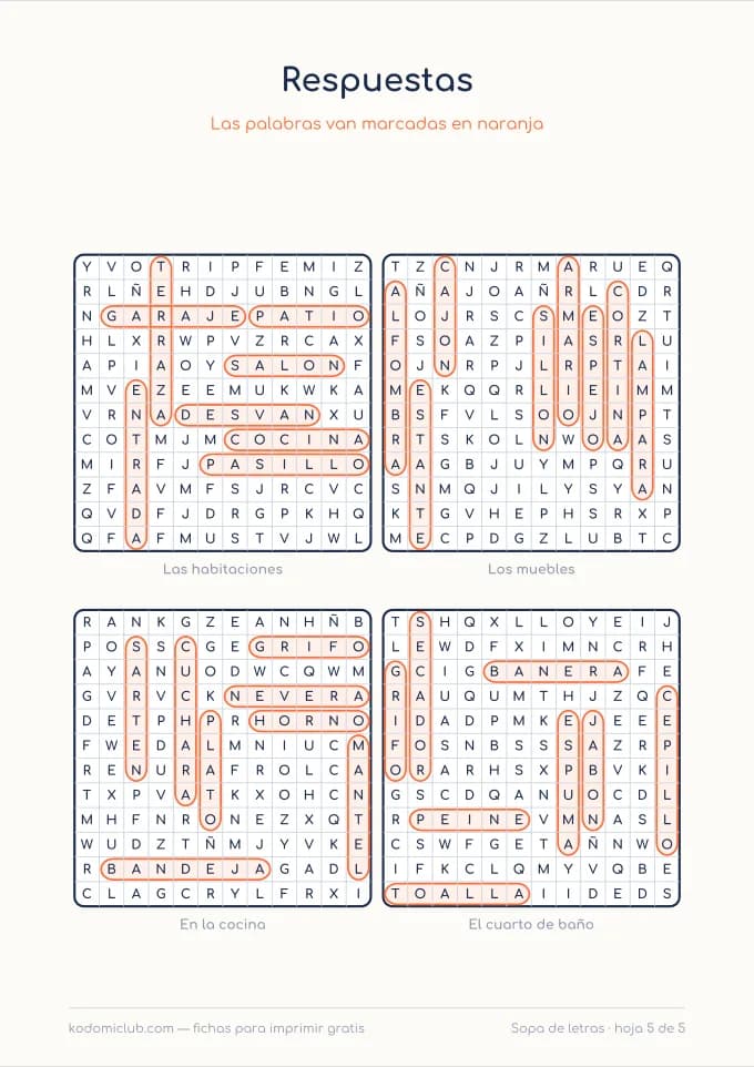Sopa de letras de la casa, hoja 5