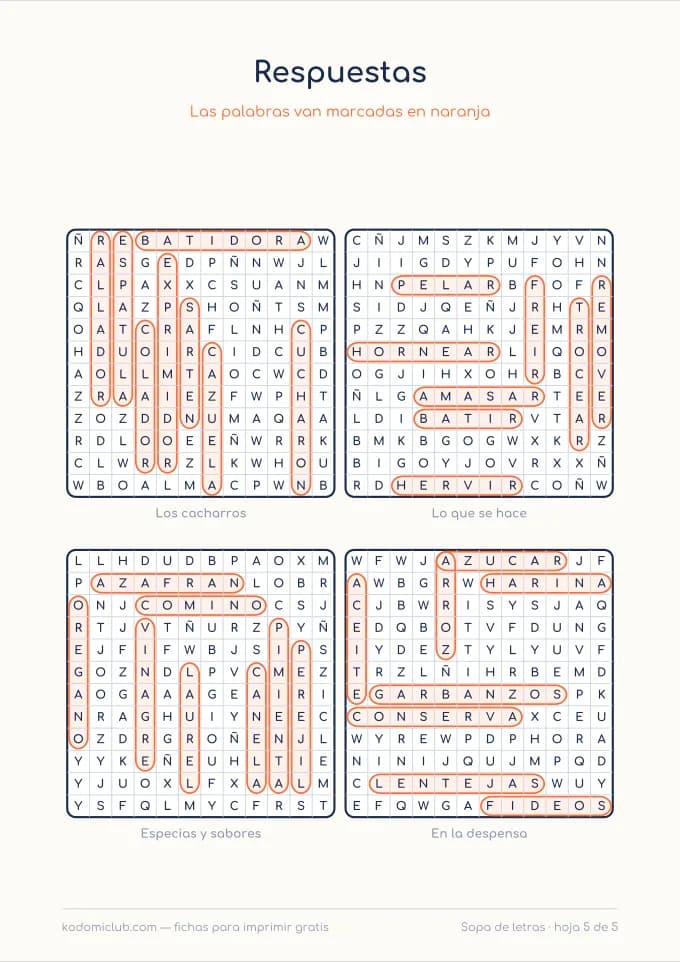 Sopa de letras de la cocina, hoja 5