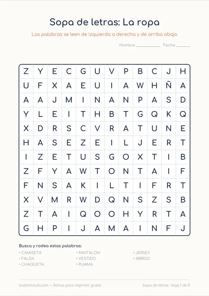 Sopa de letras de la ropa, hoja 1
