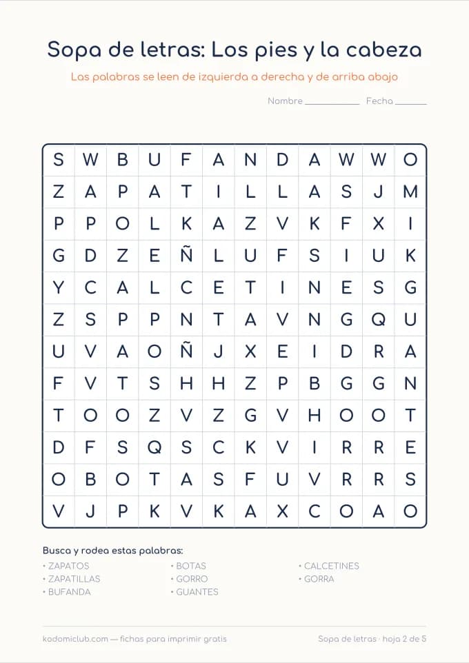 Sopa de letras de la ropa, hoja 2