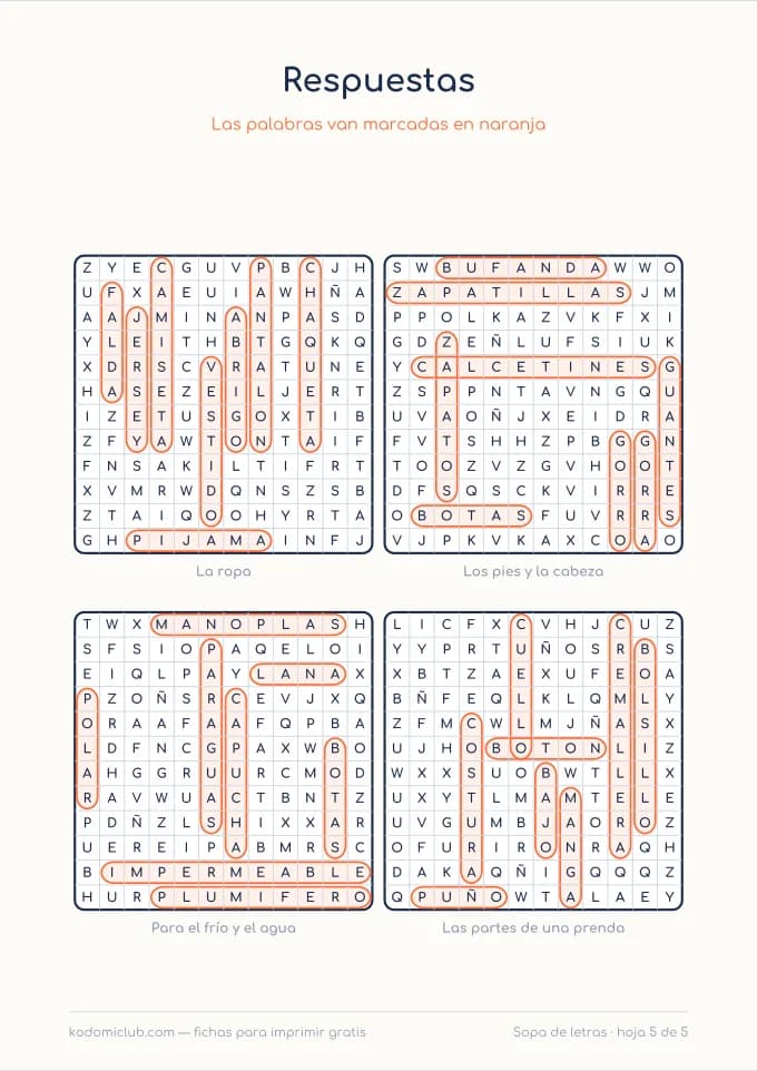 Sopa de letras de la ropa, hoja 5