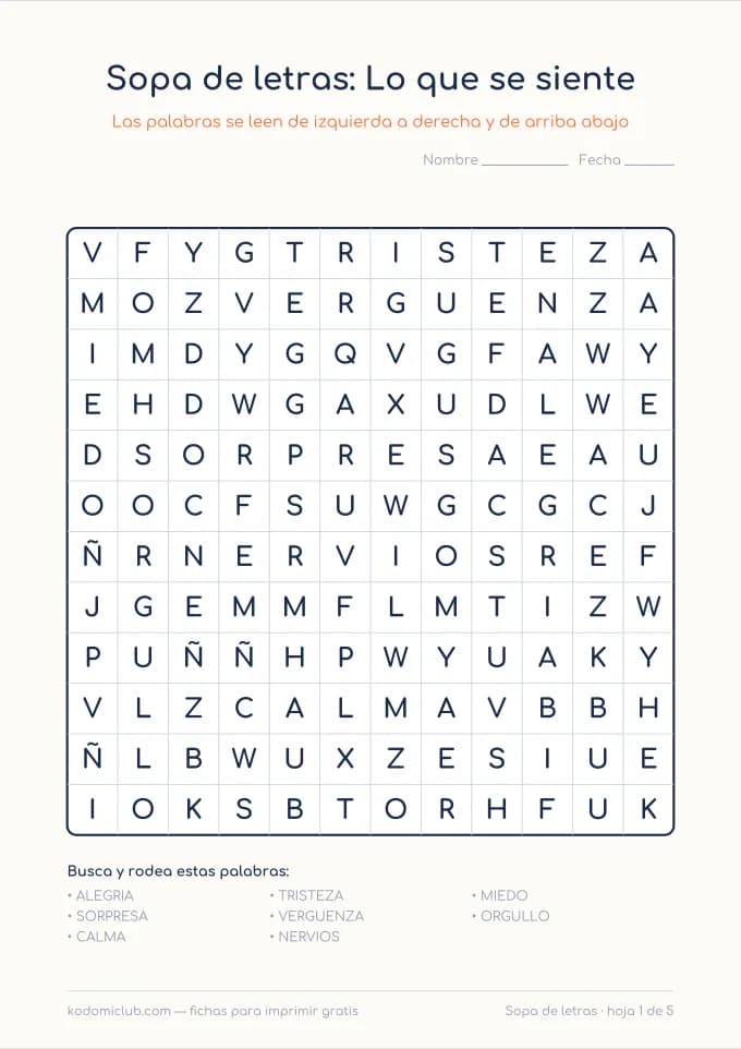 Sopa de letras de las emociones. Ficha para imprimir, 7–10 años