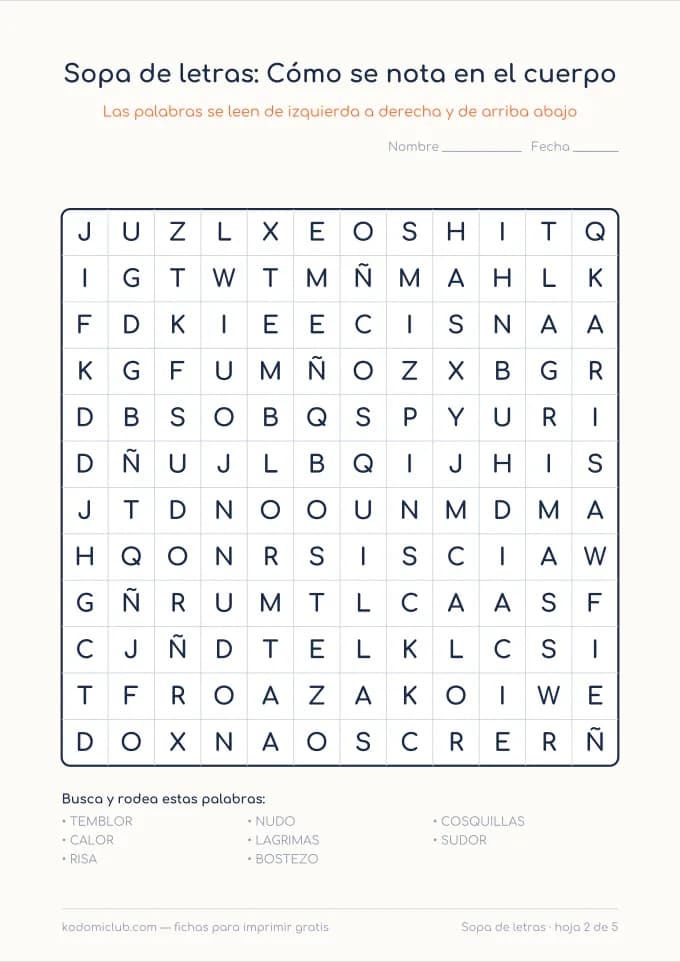 Sopa de letras de las emociones, hoja 2