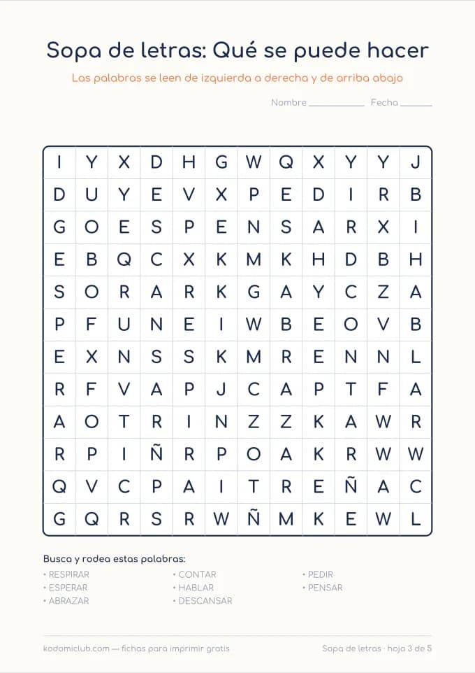 Sopa de letras de las emociones, hoja 3