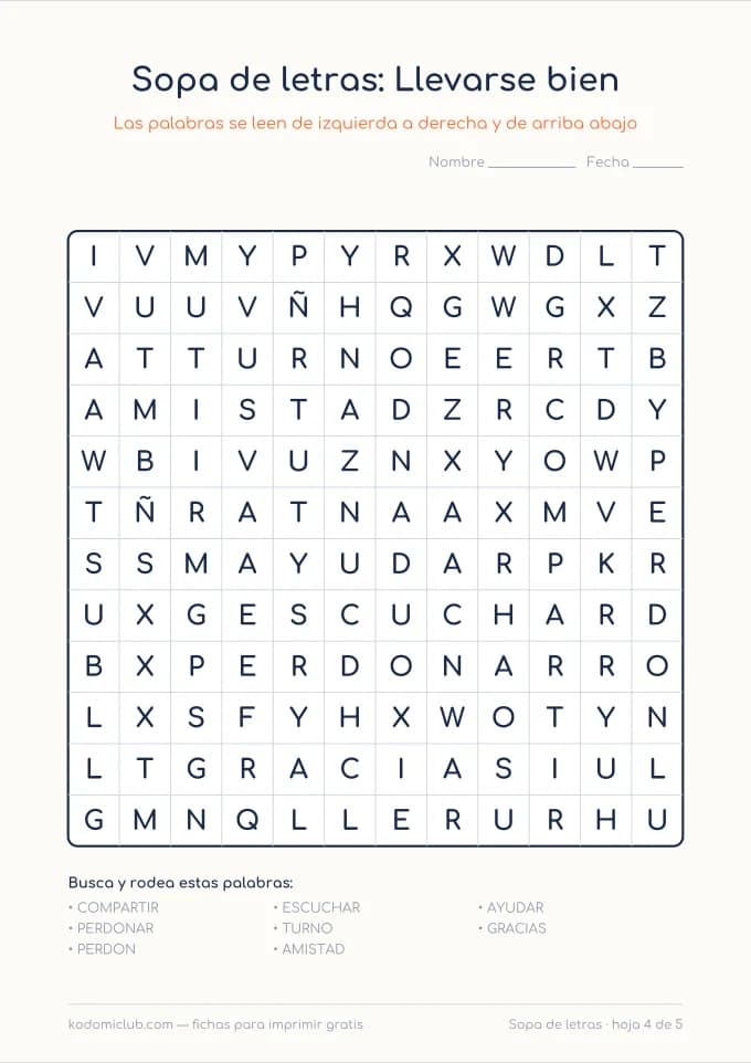 Sopa de letras de las emociones, hoja 4