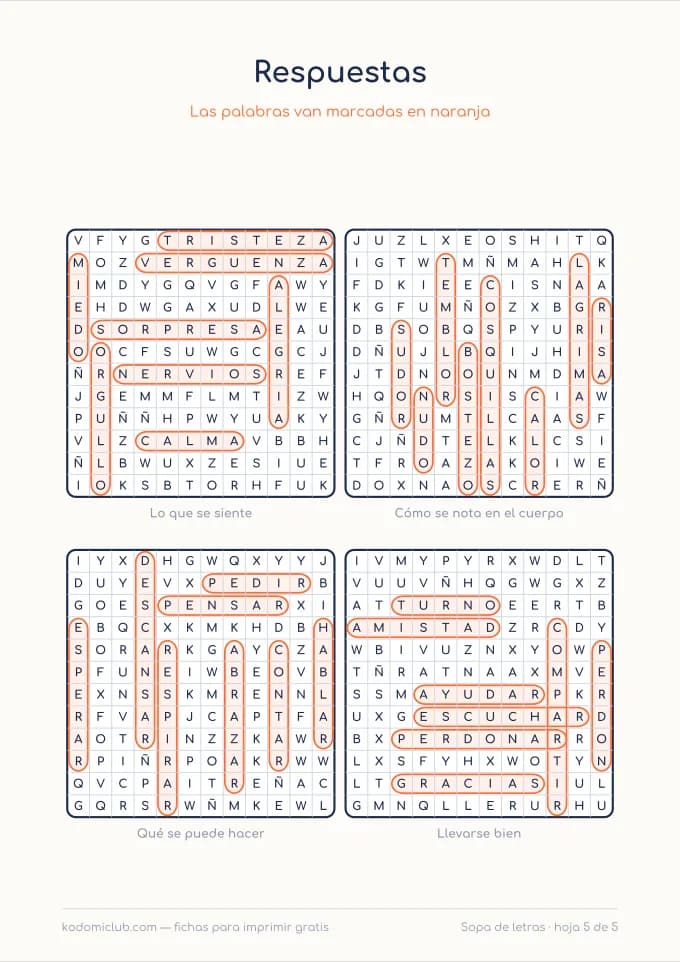 Sopa de letras de las emociones, hoja 5