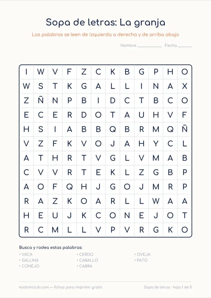 Sopa de letras de los animales, hoja 1