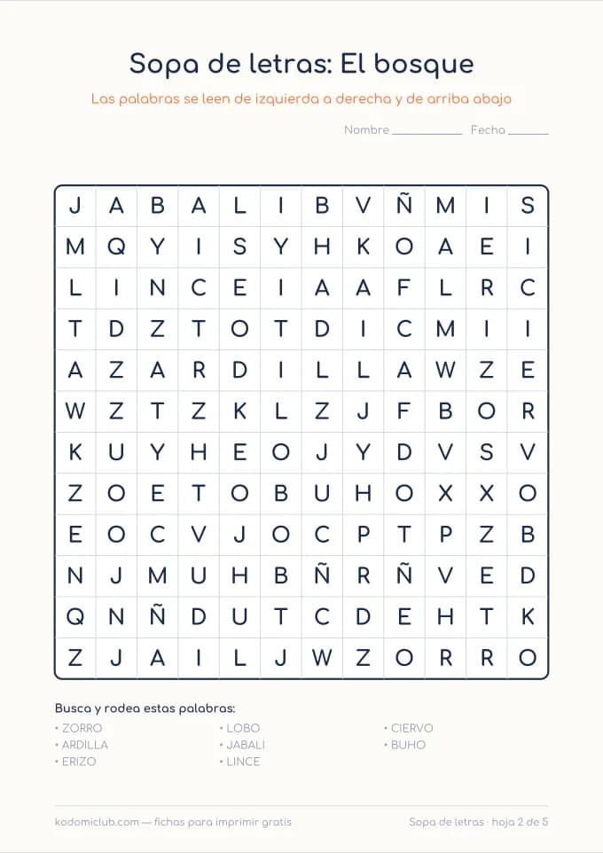 Sopa de letras de los animales, hoja 2