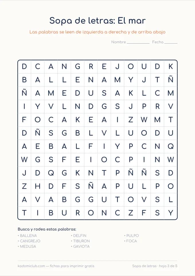 Sopa de letras de los animales, hoja 3