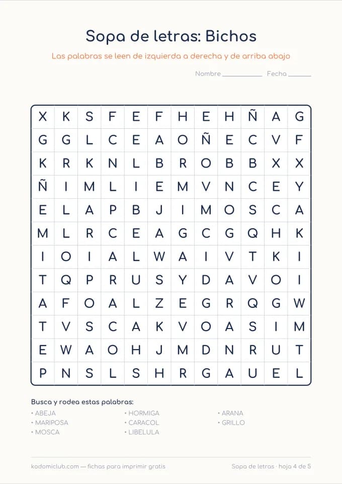 Sopa de letras de los animales, hoja 4