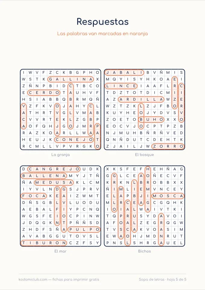 Sopa de letras de los animales, hoja 5
