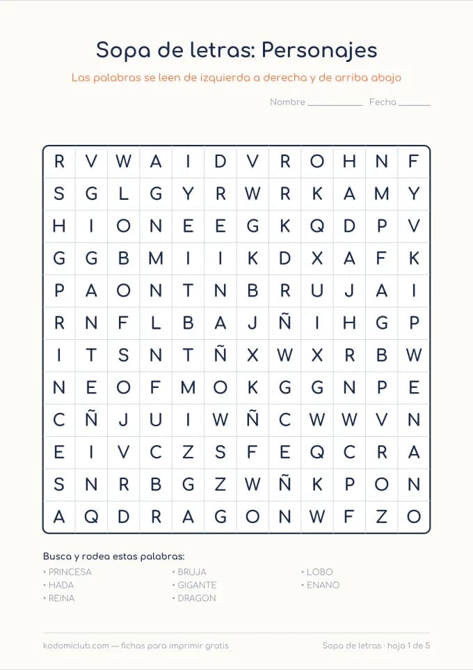 Sopa de letras de los cuentos. Ficha para imprimir, 6–10 años
