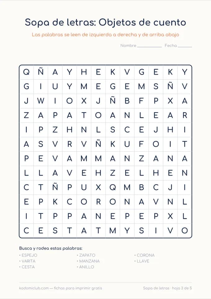 Sopa de letras de los cuentos, hoja 3