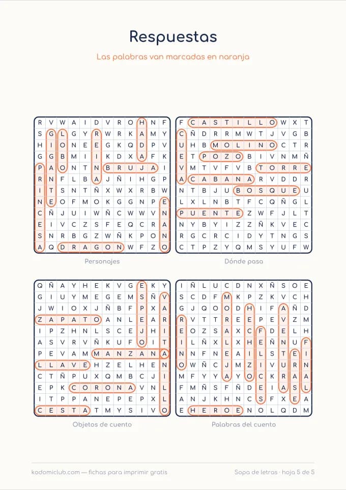 Sopa de letras de los cuentos, hoja 5