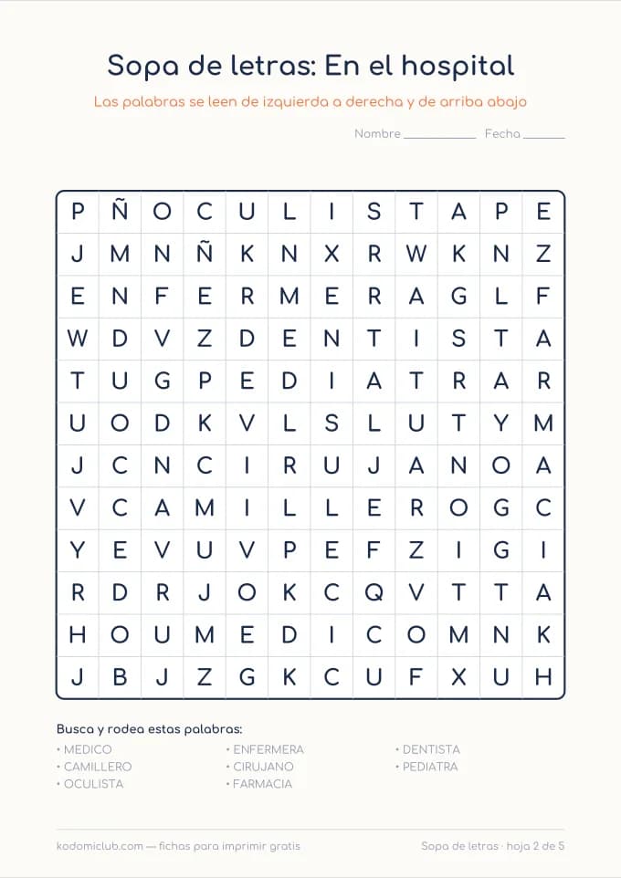 Sopa de letras de los oficios, hoja 2