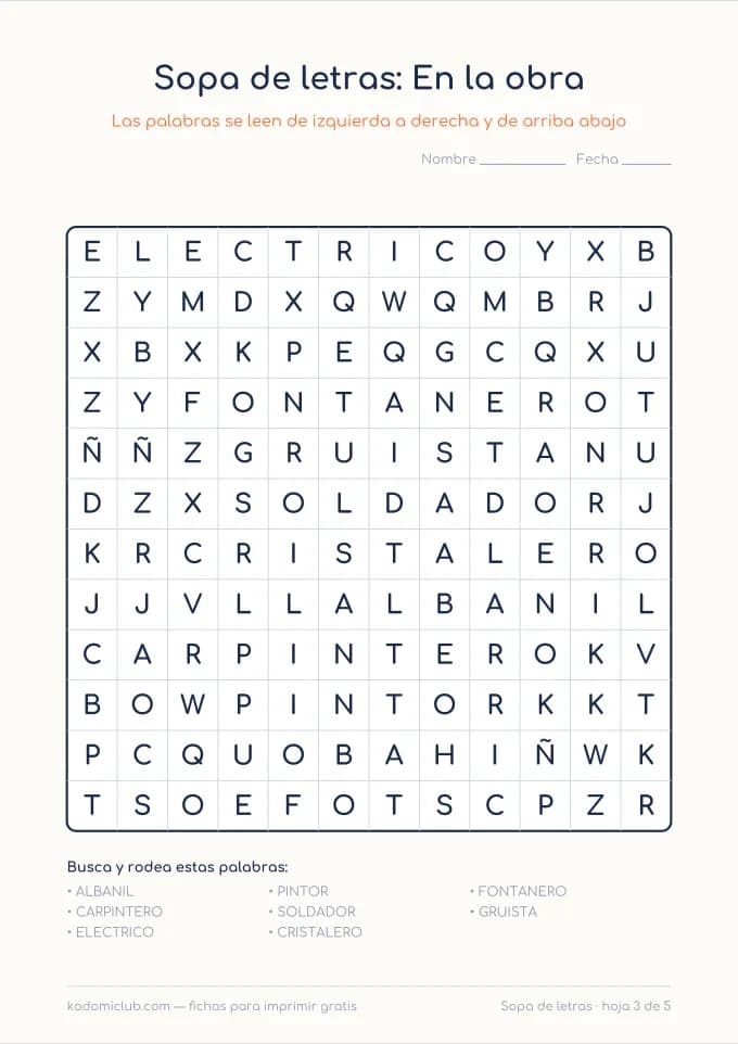Sopa de letras de los oficios, hoja 3