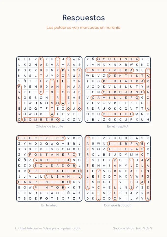 Sopa de letras de los oficios, hoja 5