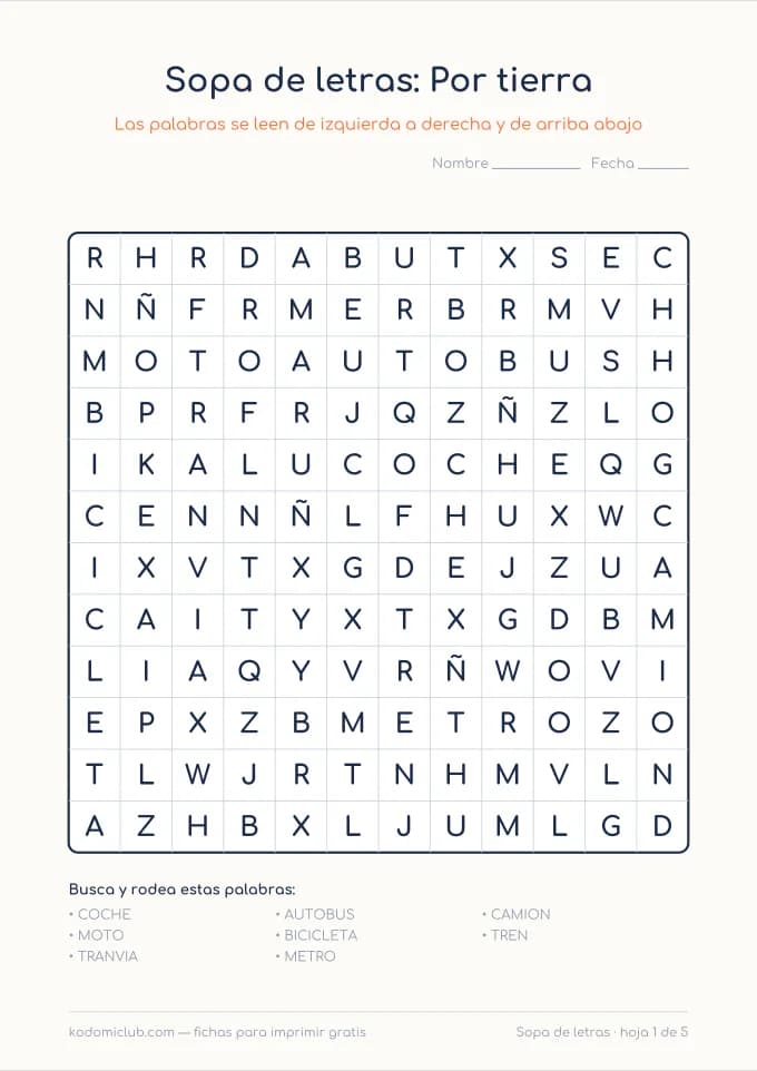 Sopa de letras de los transportes. Ficha para imprimir, 7–11 años