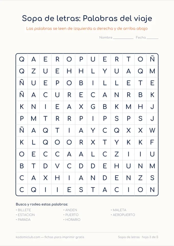 Sopa de letras de los transportes, hoja 3