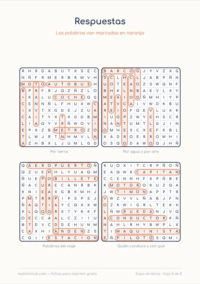 Sopa de letras de los transportes, hoja 5