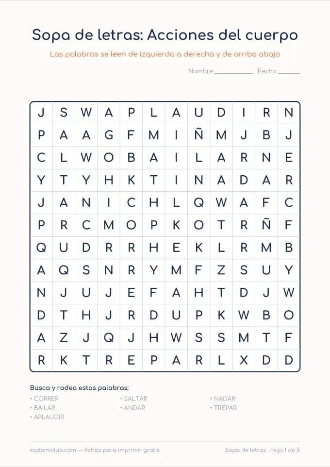 Sopa de letras de verbos. Ficha para imprimir, 7–9 años