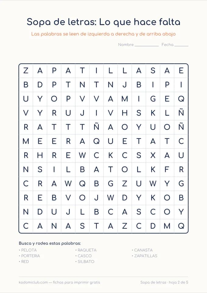 Sopa de letras del deporte, hoja 2